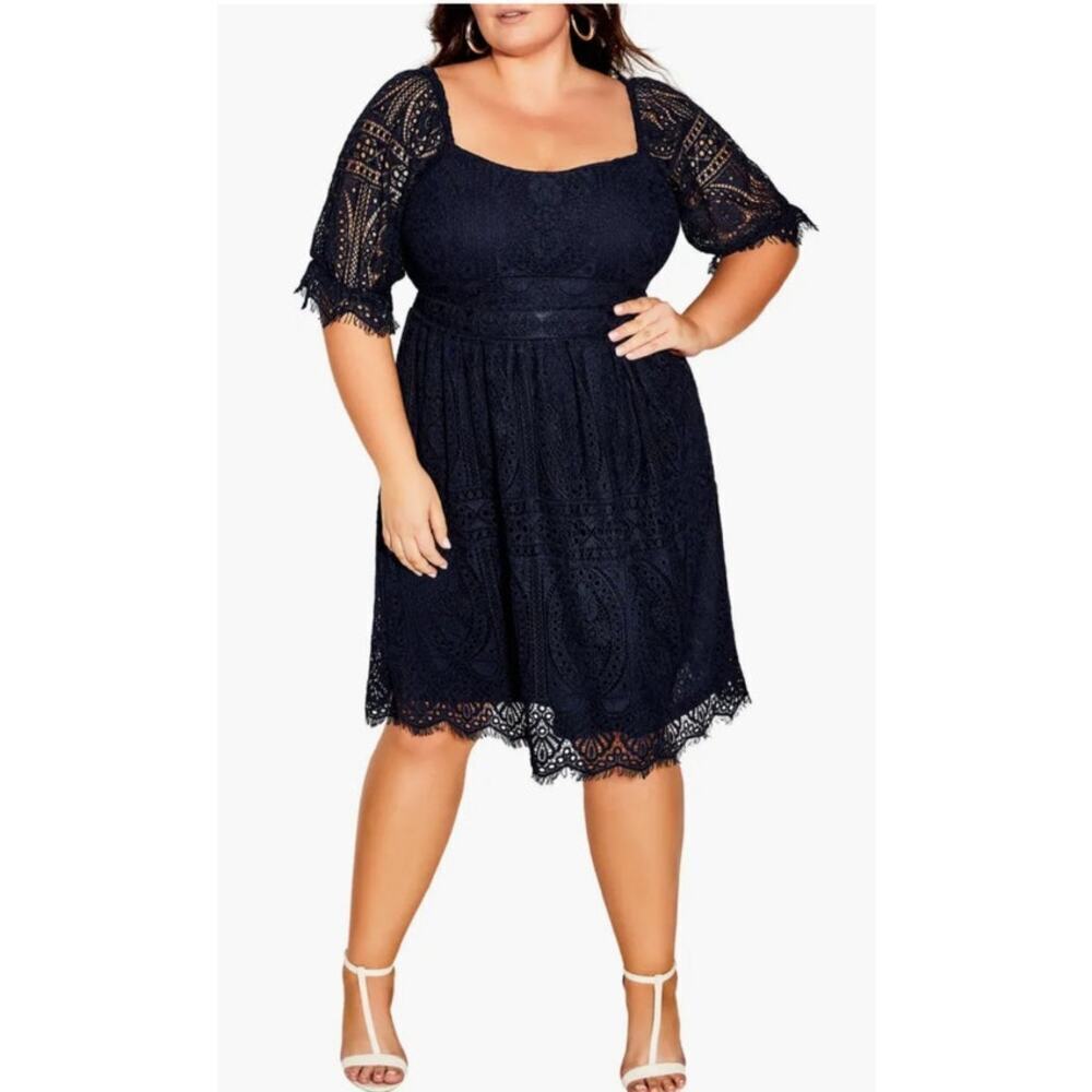 City Chic Giselle Lace Dress Size XXL/24 Navy Fit and Flare Cocktail NWT Elegant